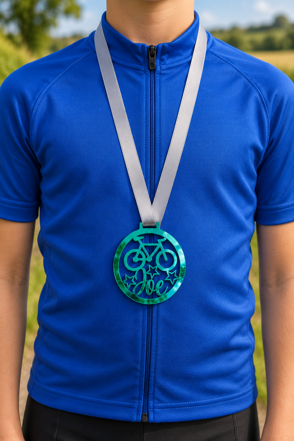 Load image into Gallery viewer, teal mirror acrylic personalised cycling medal on a silver ribbon worn around the neck
