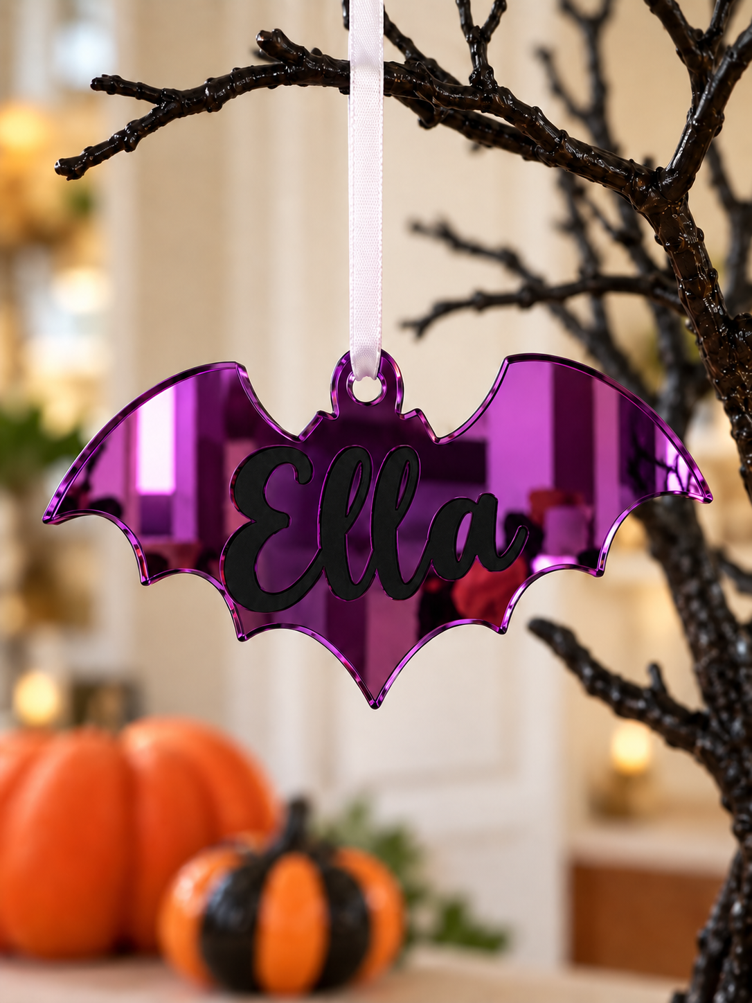 Load image into Gallery viewer, Personalised bat Halloween tree decoration in purple mirrored acrylic with the name in black
