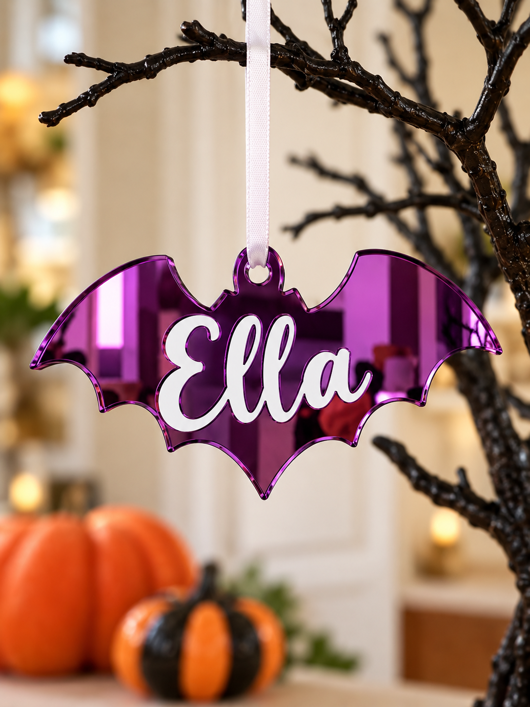 Load image into Gallery viewer, Personalised bat Halloween tree decoration in purple mirrored acrylic with the name in white
