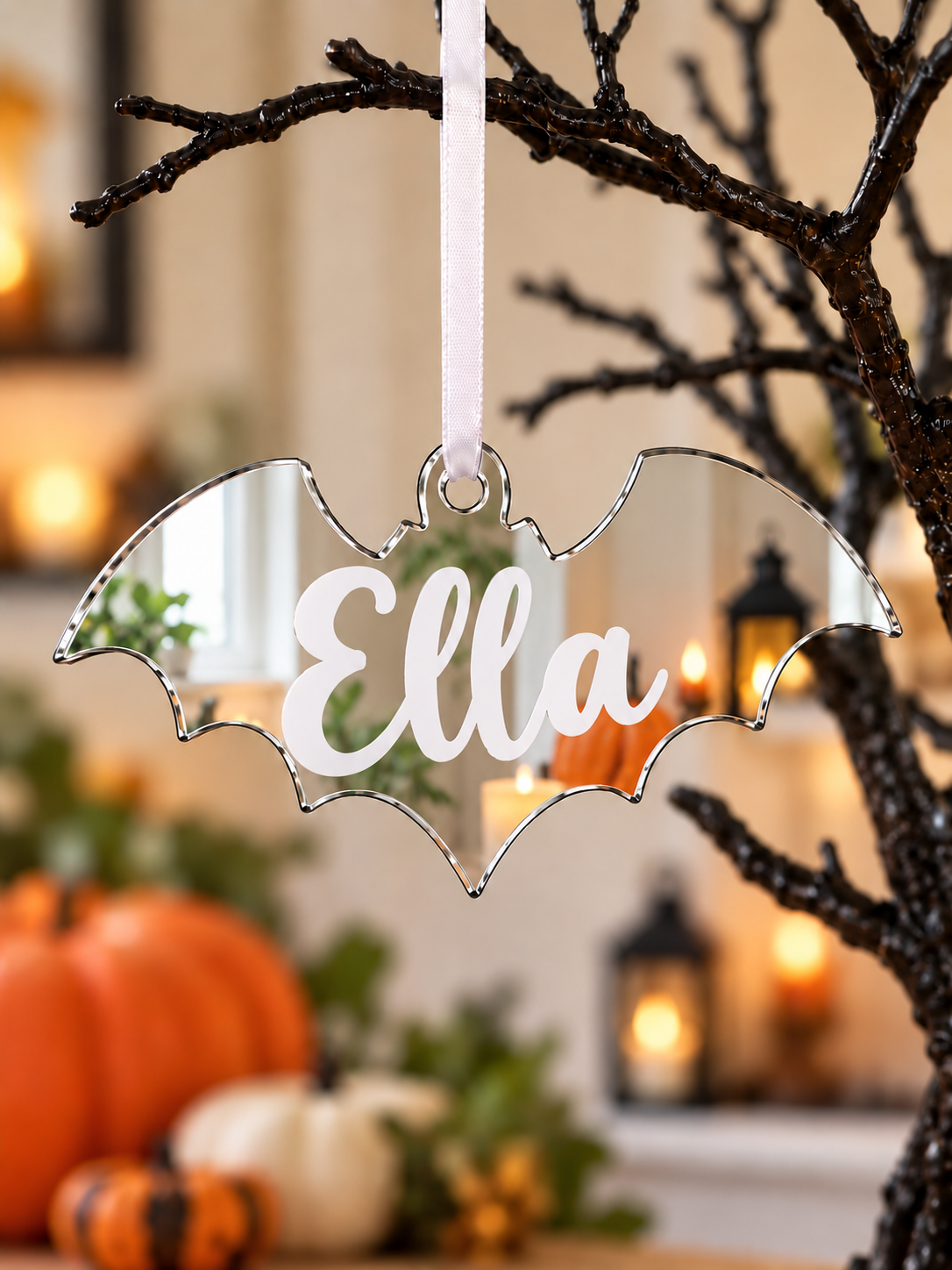 Load image into Gallery viewer, Personalised bat Halloween tree decoration in silver mirrored acrylic with the name in white
