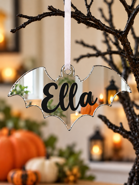 Personalised bat Halloween tree decoration in silver mirrored acrylic with the name in black
