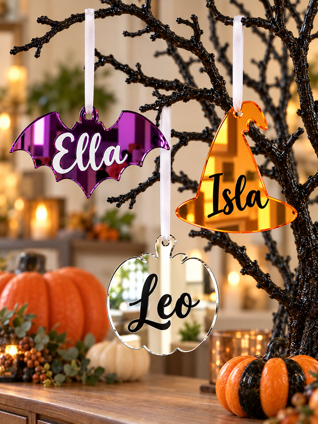 Load image into Gallery viewer, Personalised Halloween tree decorations: a purple bat, orange witch hat and silver pumpkin on a Halloween tree
