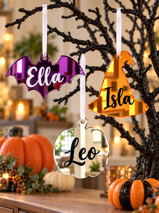 Personalised Halloween tree decorations: a purple bat, orange witch hat and silver pumpkin on a Halloween tree