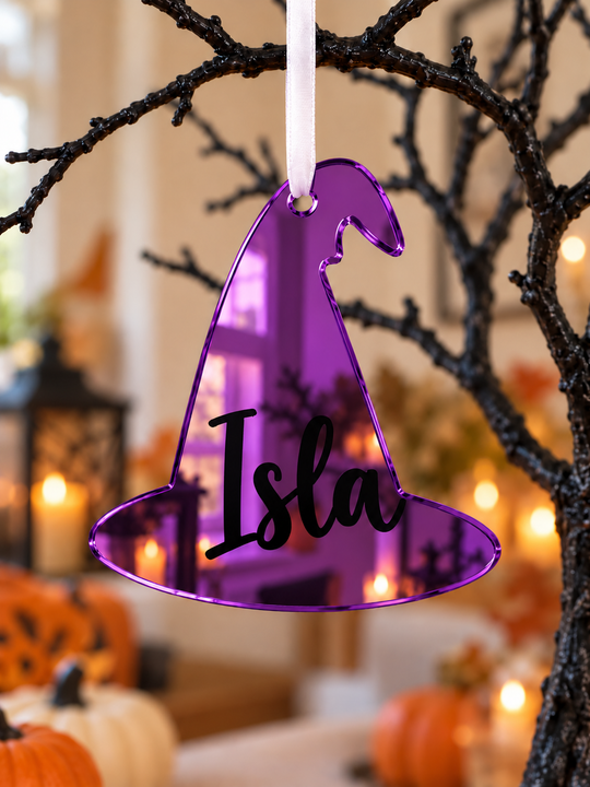 Personalised witch hat Halloween tree decoration in purple mirrored acrylic with the name in black