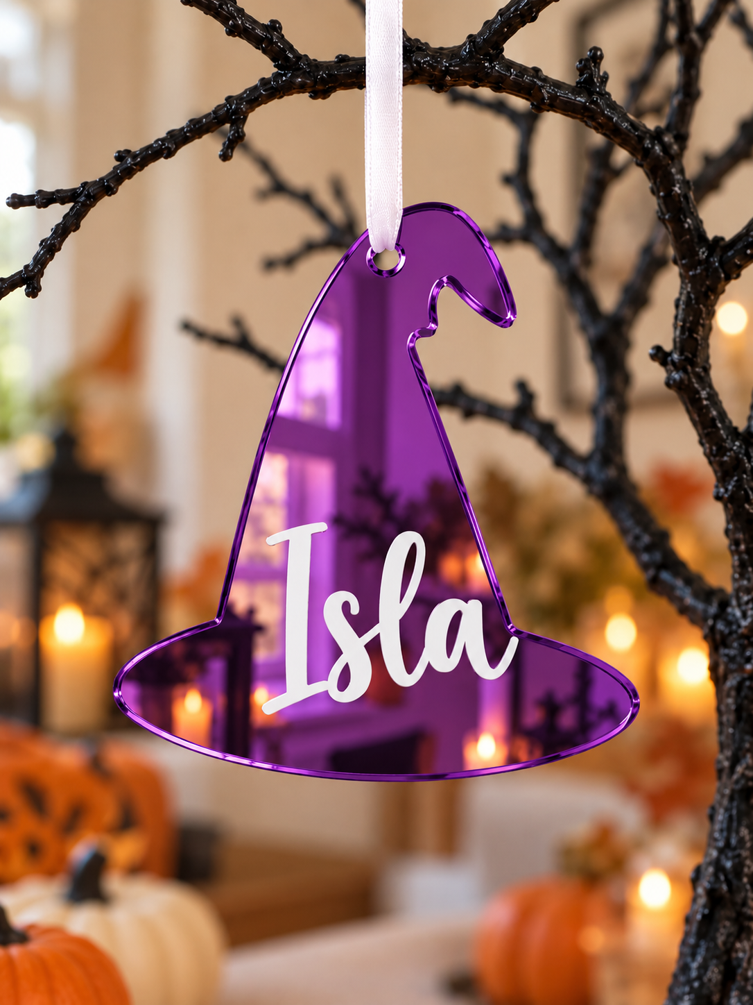 Load image into Gallery viewer, Personalised witch hat Halloween tree decoration in purple mirrored acrylic with the name in white
