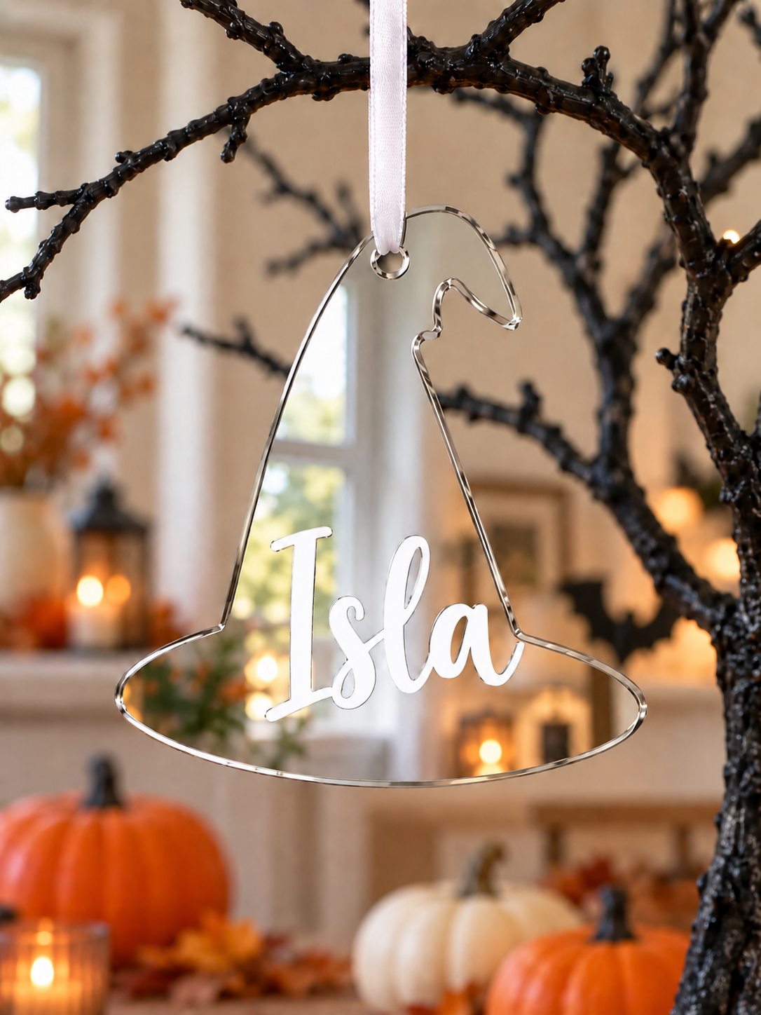 Load image into Gallery viewer, Personalised witch hat Halloween tree decoration in silver mirrored acrylic with the name in white
