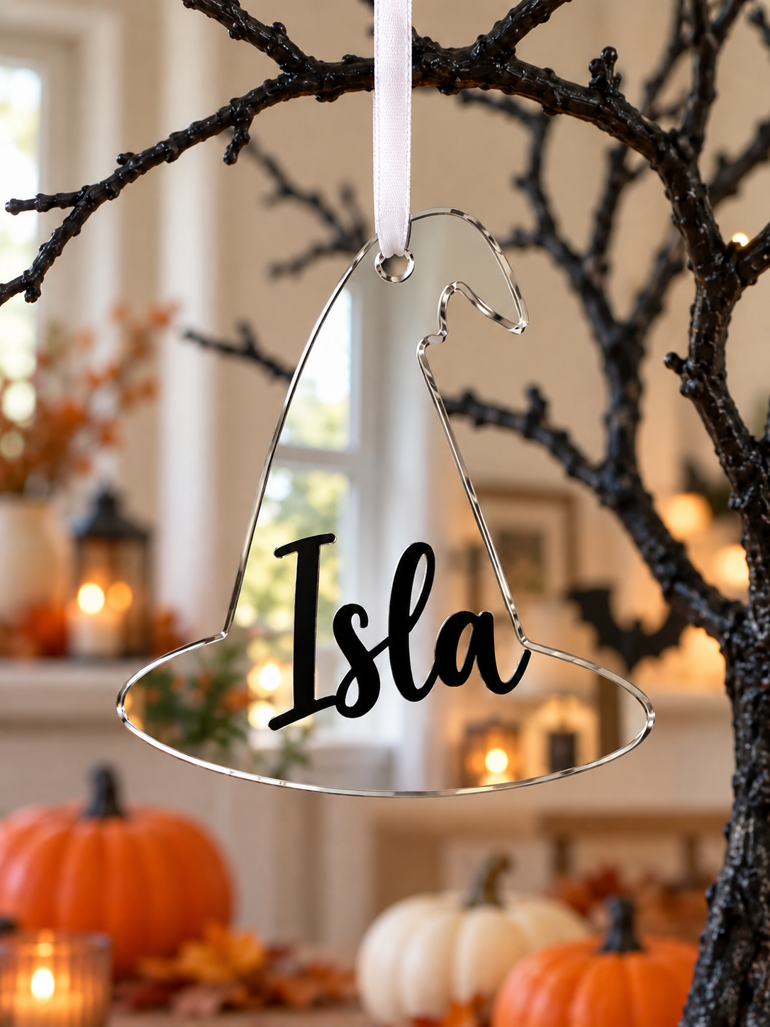 Load image into Gallery viewer, Personalised witch hat Halloween tree decoration in silver mirrored acrylic with the name in black
