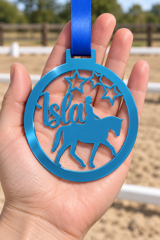 blue mirror acrylic personalised horse riding medal with custom name on a blue ribbon, held in hand in front of a blurred riding arena