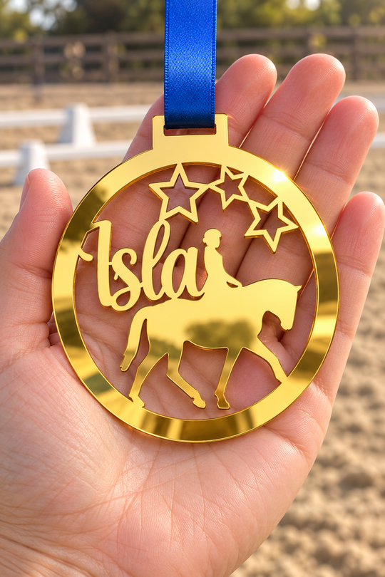 gold mirror acrylic personalised horse riding medal with custom name on a blue ribbon, held in hand in front of a blurred riding arena