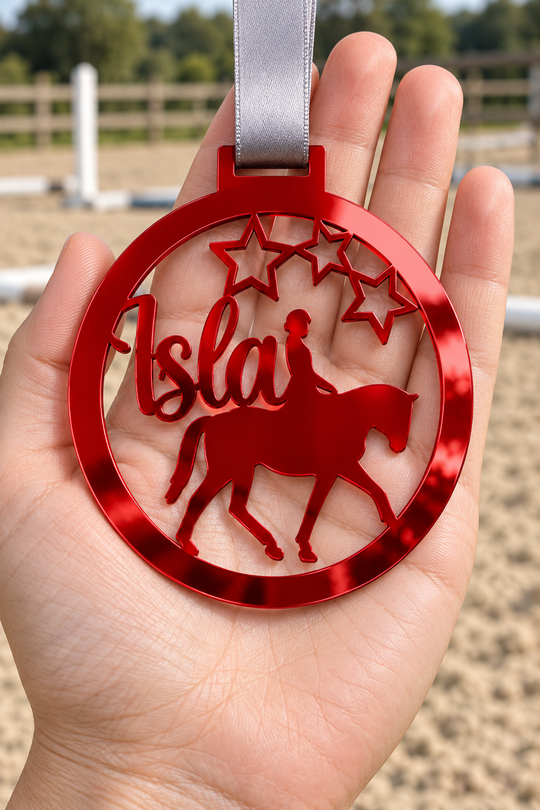 red mirror acrylic personalised horse riding medal with custom name on a silver ribbon, held in hand in front of a blurred riding arena