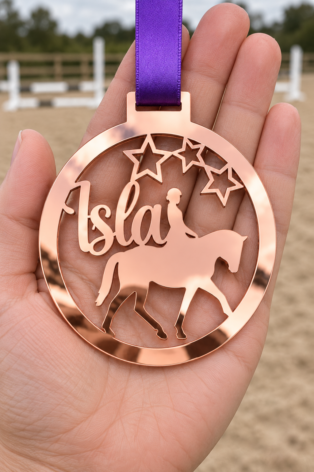 Load image into Gallery viewer, rose gold mirror acrylic personalised horse riding medal with custom name on a purple ribbon, held in hand in front of a blurred riding arena
