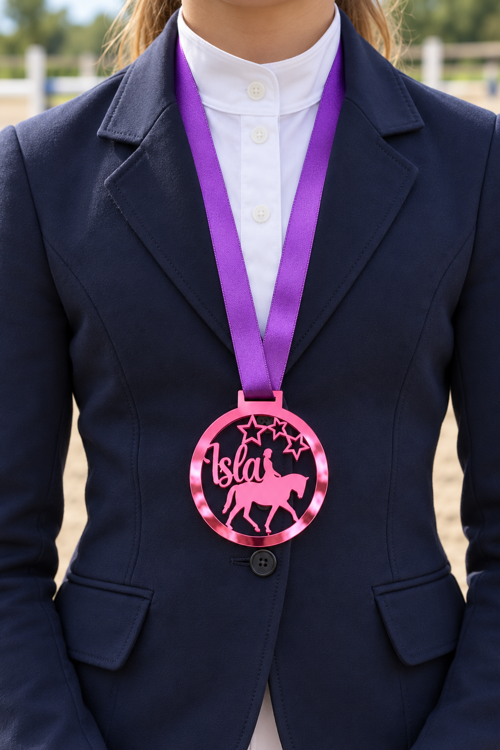 Load image into Gallery viewer, pink mirror acrylic personalised horse riding medal on a purple ribbon worn around the neck
