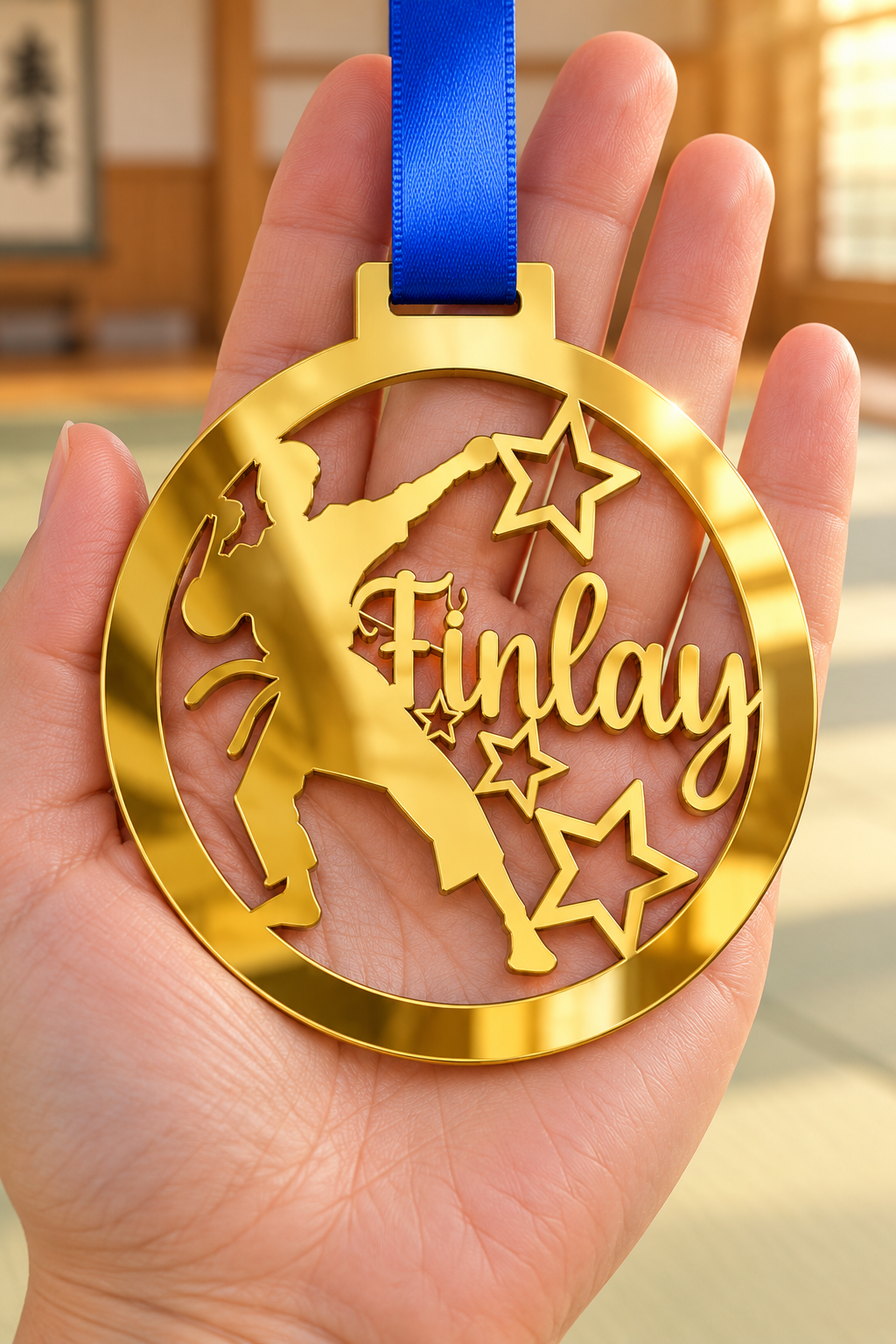 Load image into Gallery viewer, gold mirror acrylic personalised karate boy medal with custom name on a blue ribbon, held in hand in front of a blurred dojo

