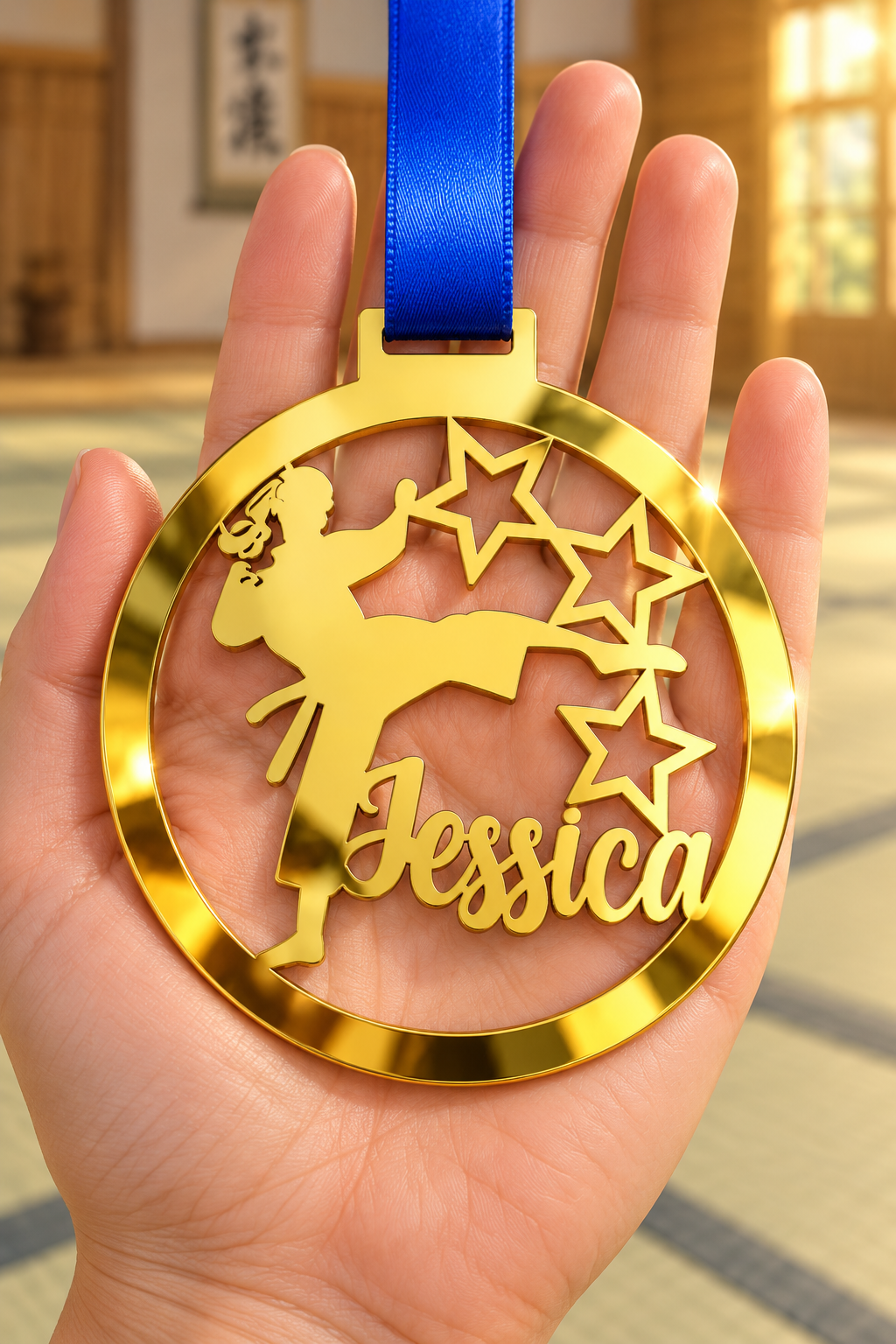 Load image into Gallery viewer, gold mirror acrylic personalised karate girl medal with custom name on a blue ribbon, held in hand in front of a blurred dojo
