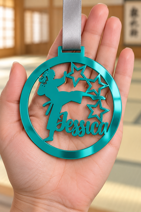 teal mirror acrylic personalised karate girl medal with custom name on a silver ribbon, held in hand in front of a blurred dojo