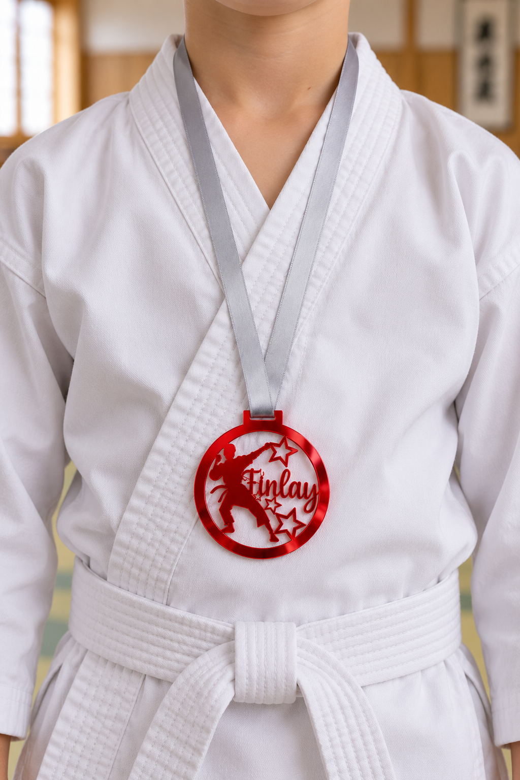 Load image into Gallery viewer, red mirror acrylic personalised karate boy medal on a silver ribbon worn around the neck
