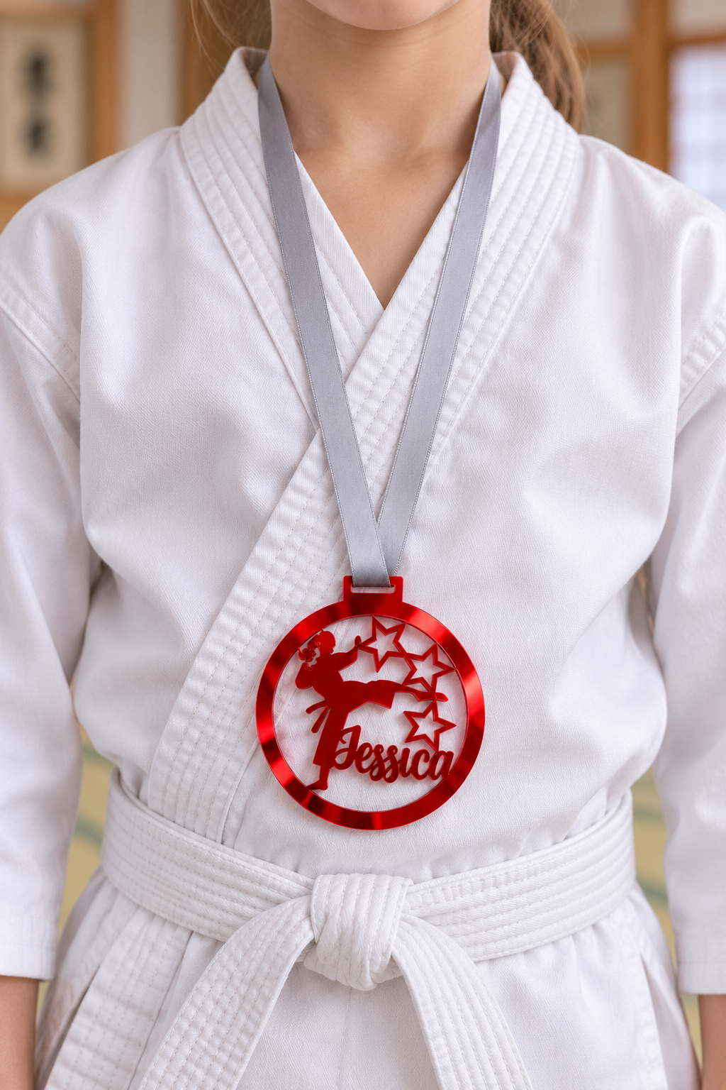 Load image into Gallery viewer, red mirror acrylic personalised karate girl medal on a silver ribbon worn around the neck
