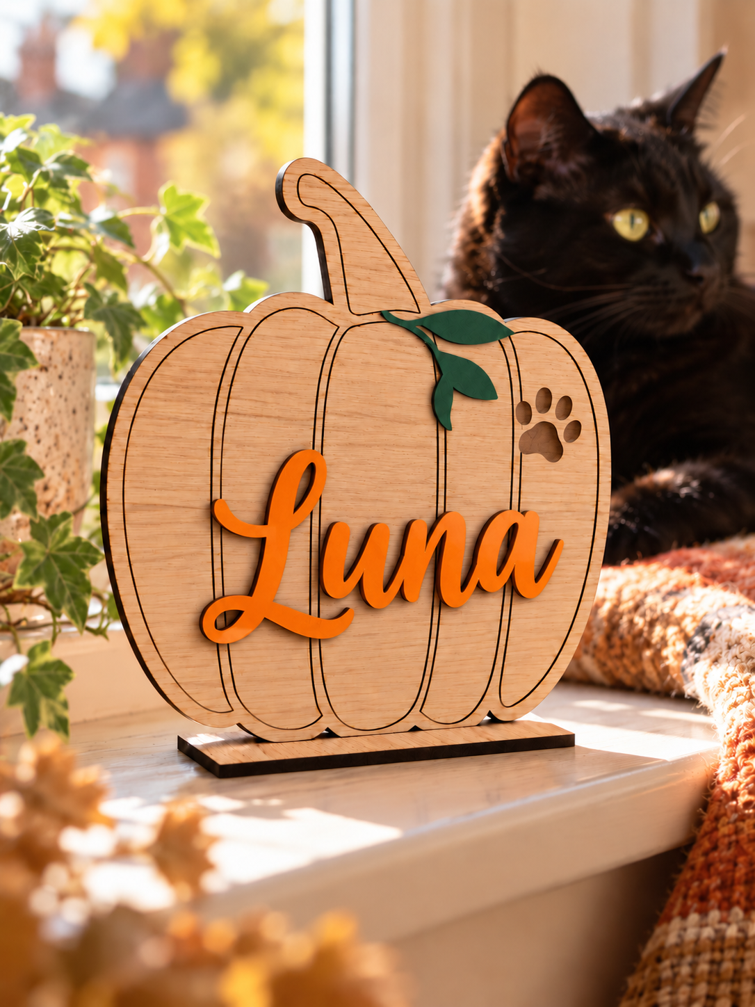 Load image into Gallery viewer, Personalised oak pet pumpkin with the name Luna in orange beside a black cat

