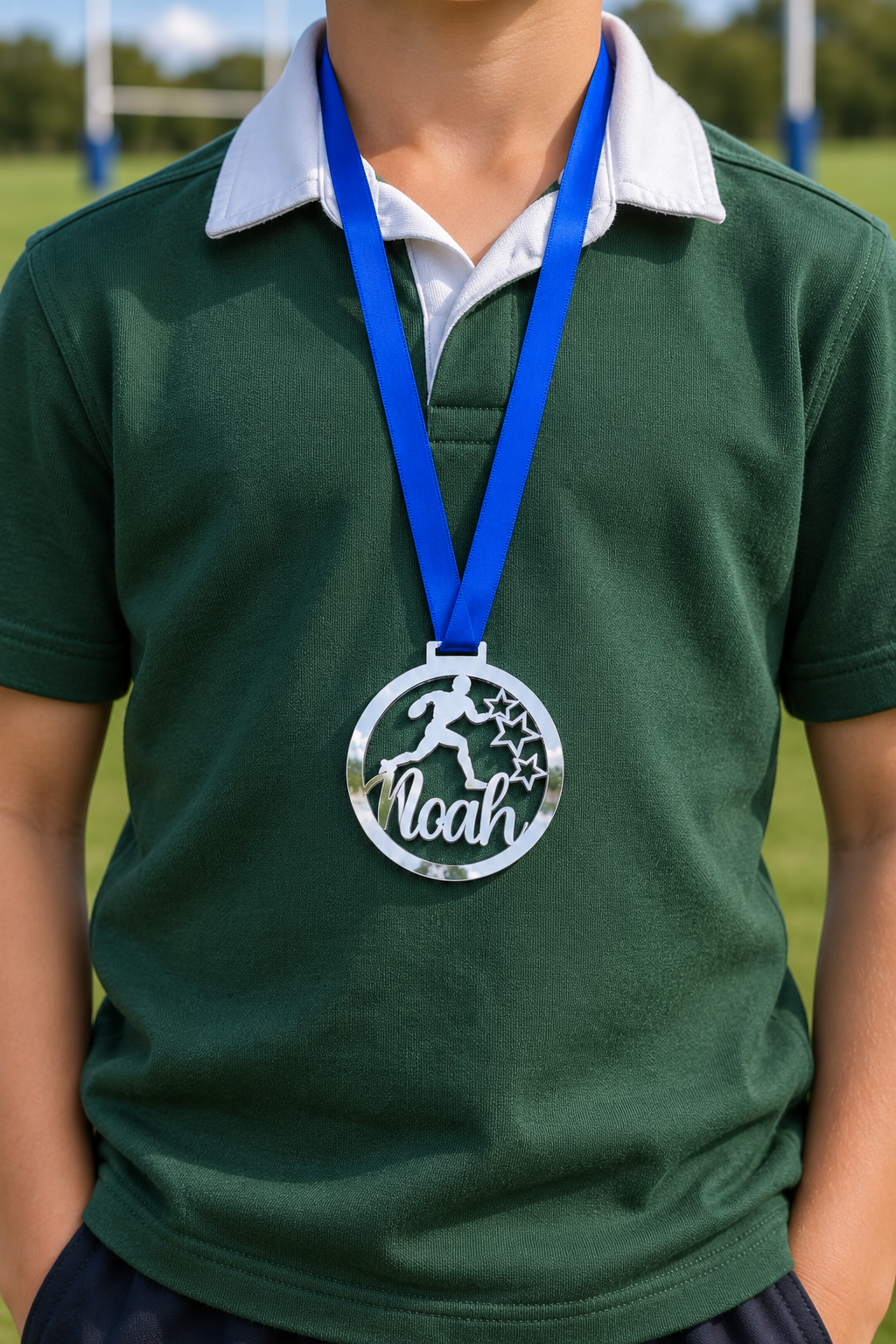 Load image into Gallery viewer, silver mirror acrylic personalised rugby medal on a blue ribbon worn around the neck
