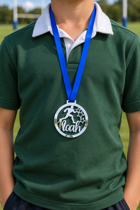 silver mirror acrylic personalised rugby medal on a blue ribbon worn around the neck