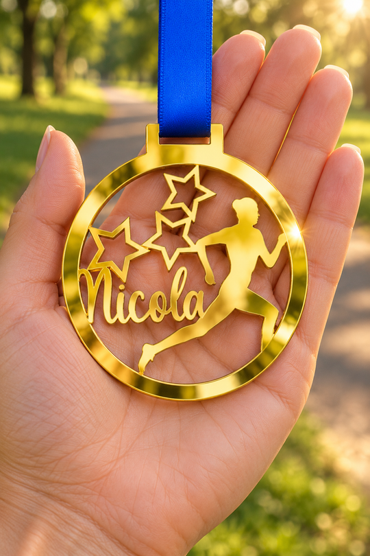 gold mirror acrylic personalised running medal with custom name on a blue ribbon, held in hand in front of a blurred park running path