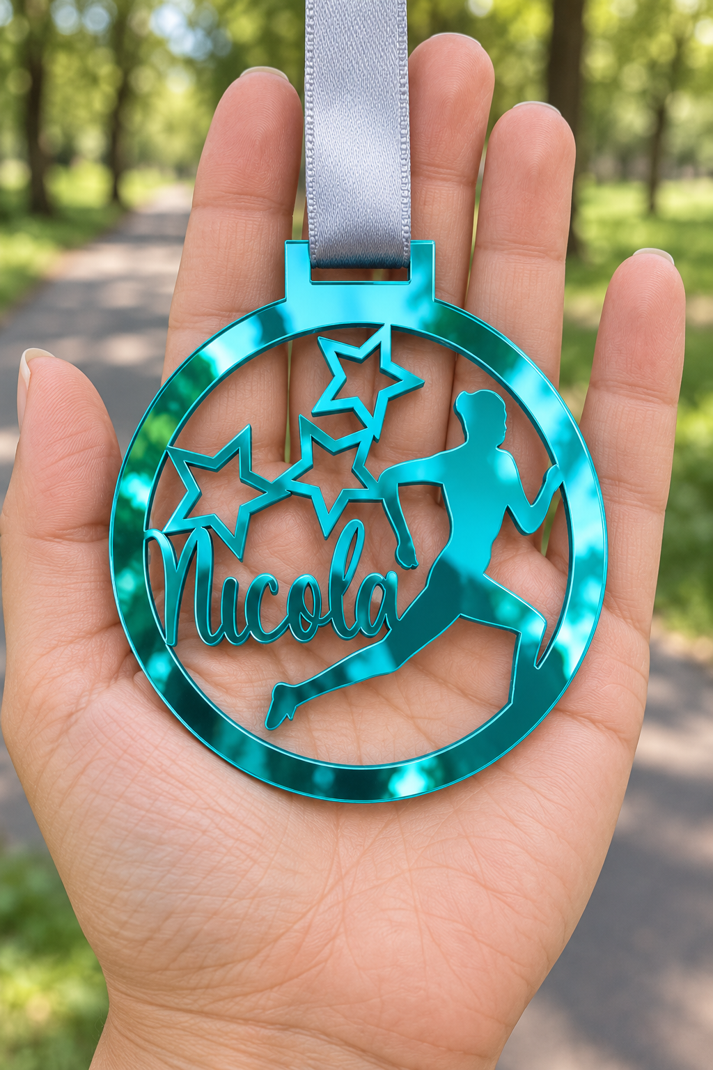 Load image into Gallery viewer, teal mirror acrylic personalised running medal with custom name on a silver ribbon, held in hand in front of a blurred park running path
