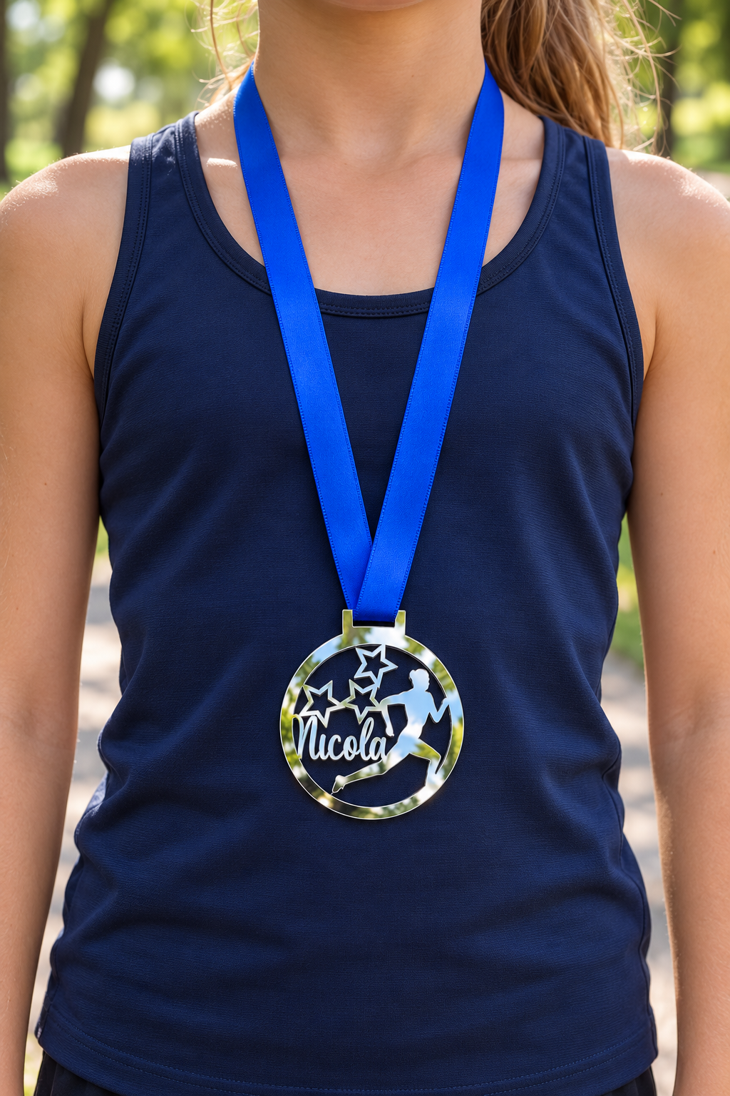 Load image into Gallery viewer, silver mirror acrylic personalised running medal on a blue ribbon worn around the neck
