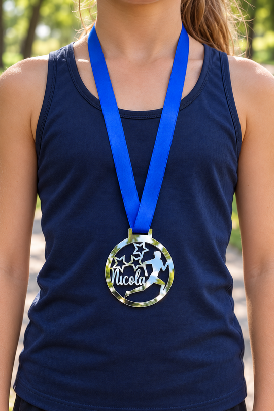 silver mirror acrylic personalised running medal on a blue ribbon worn around the neck