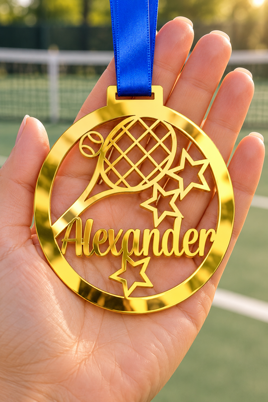 gold mirror acrylic personalised tennis medal with custom name on a blue ribbon, held in hand in front of a blurred tennis court