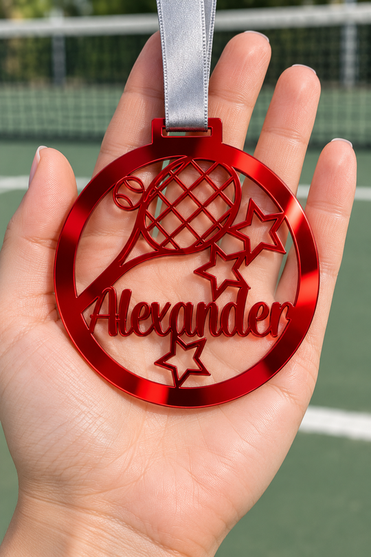 red mirror acrylic personalised tennis medal with custom name on a silver ribbon, held in hand in front of a blurred tennis court