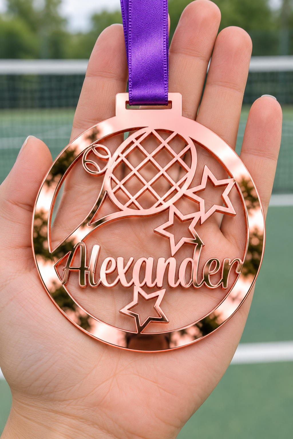 Load image into Gallery viewer, rose gold mirror acrylic personalised tennis medal with custom name on a purple ribbon, held in hand in front of a blurred tennis court

