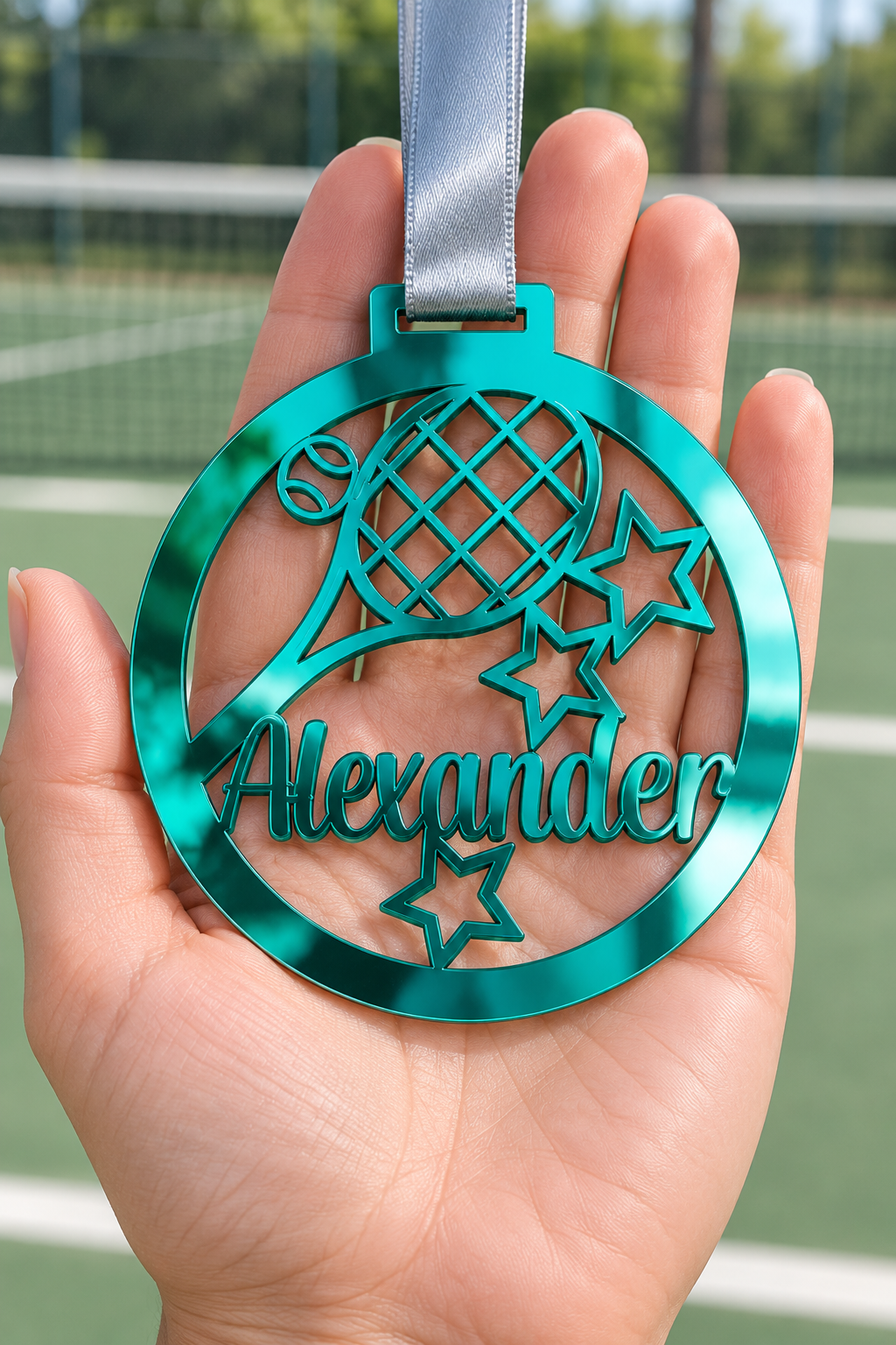 Load image into Gallery viewer, teal mirror acrylic personalised tennis medal with custom name on a silver ribbon, held in hand in front of a blurred tennis court
