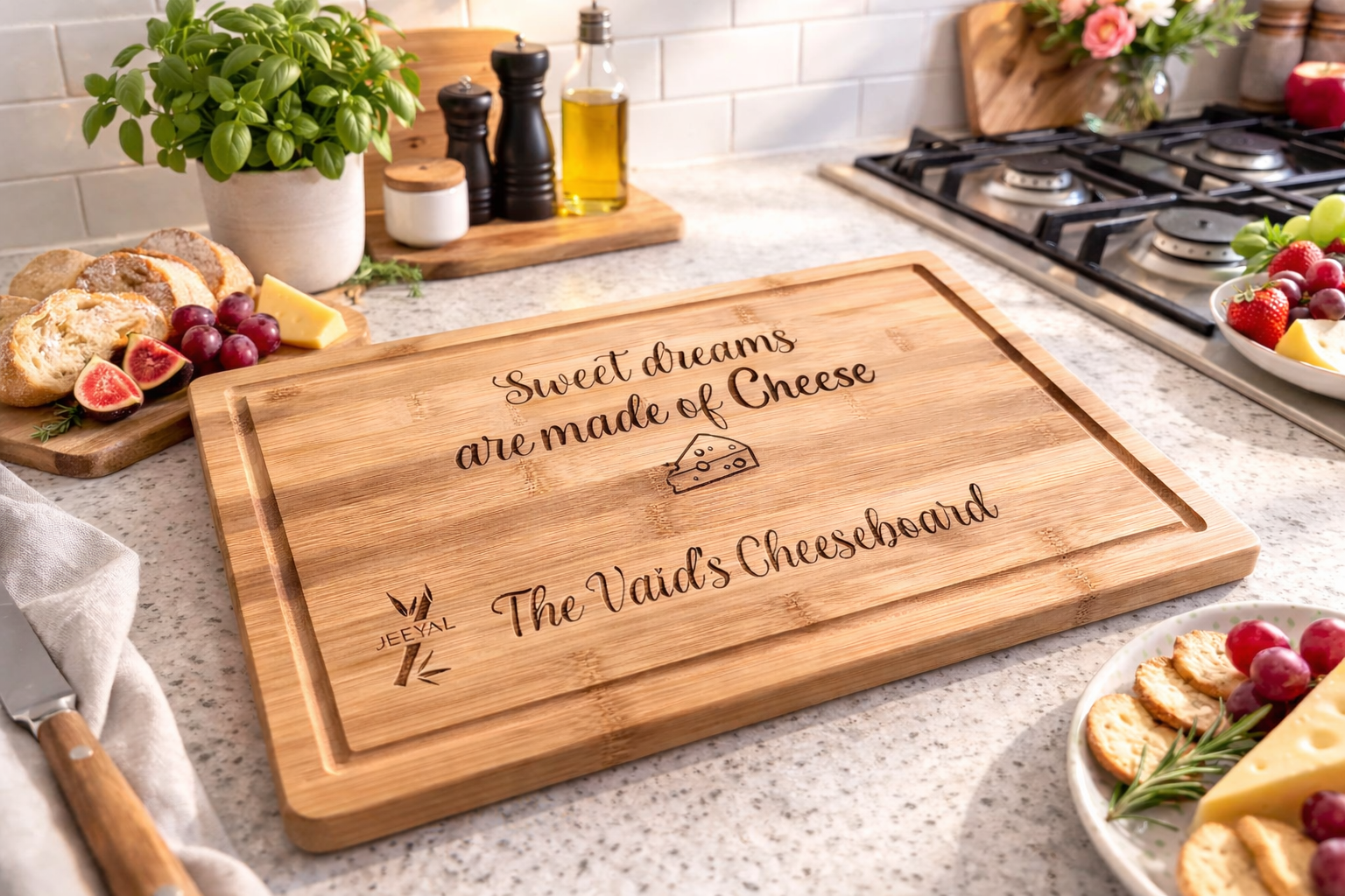 Custom engraved bamboo cheeseboard with personalised names and cheese quote on modern kitchen countertop.