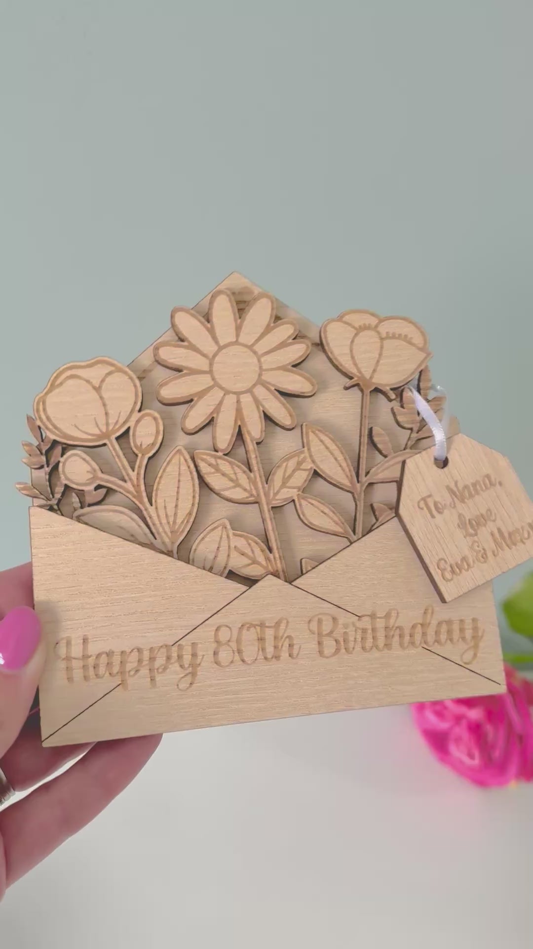 Load and play video in Gallery viewer, 80th Birthday Wooden Flower Card
