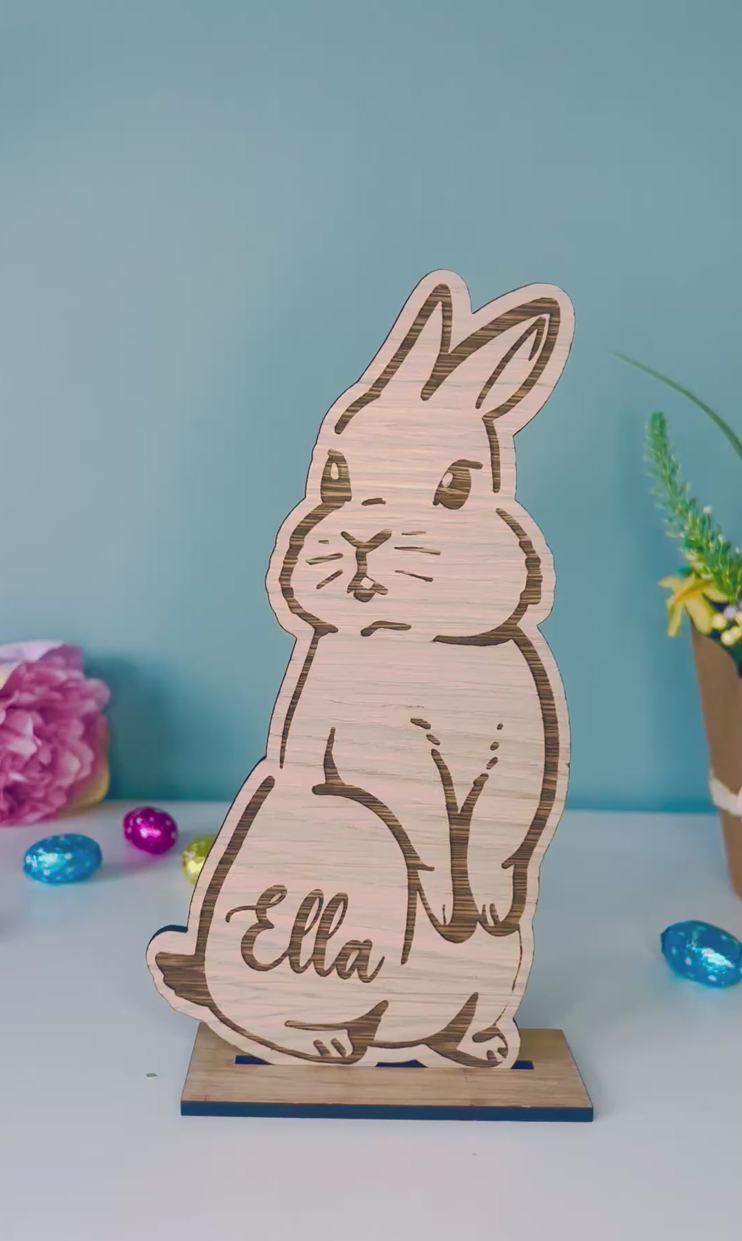 Load and play video in Gallery viewer, Personalised wooden Easter bunny decoration, engraved with custom name. Perfect for Easter gifts, baskets, and festive home decor
