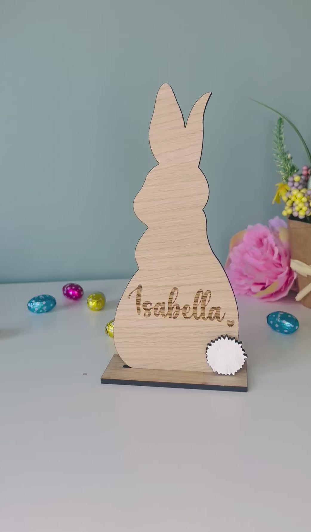 Load and play video in Gallery viewer, Personalised wooden Easter bunny decoration, engraved with custom name. Perfect for Easter gifts, baskets, and festive home decor
