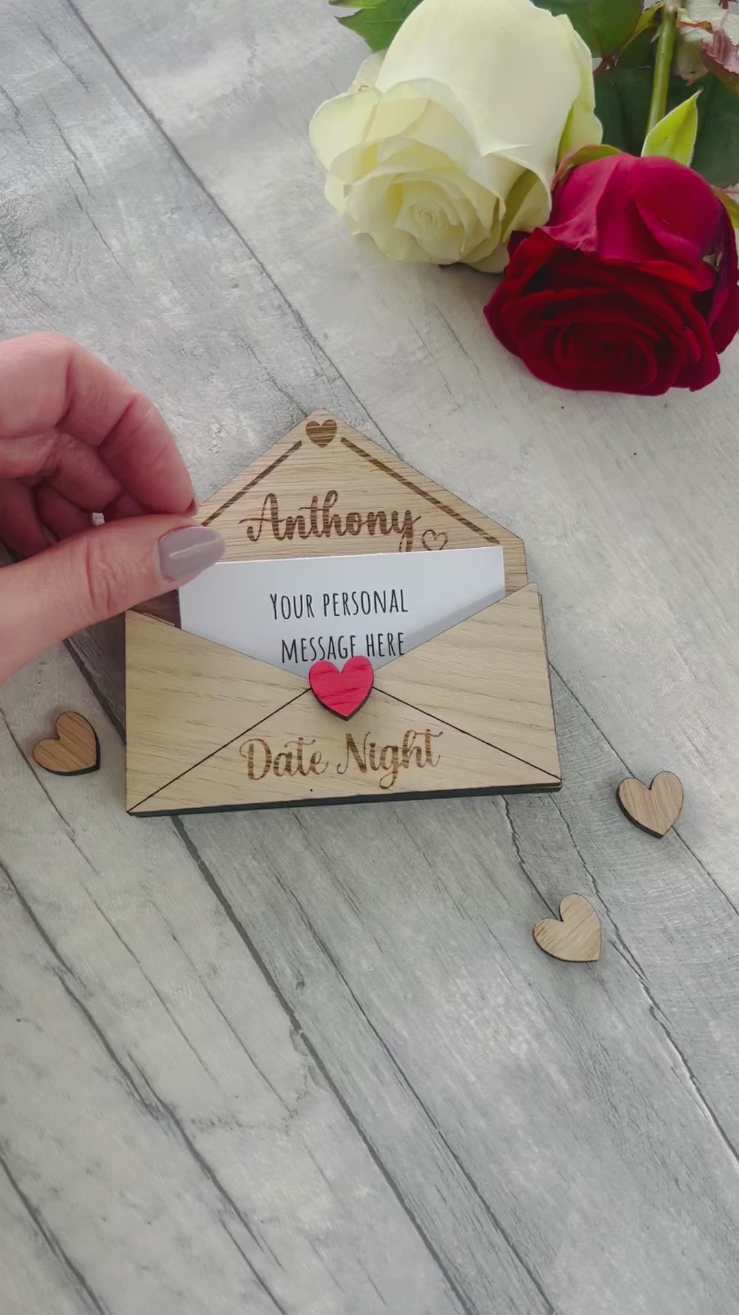 Load and play video in Gallery viewer, Personalised Wooden Date Night Gift - Engraved Love Letter Keepsake with Custom Name - Romantic Couples Gift with Surprise Date Ideas
