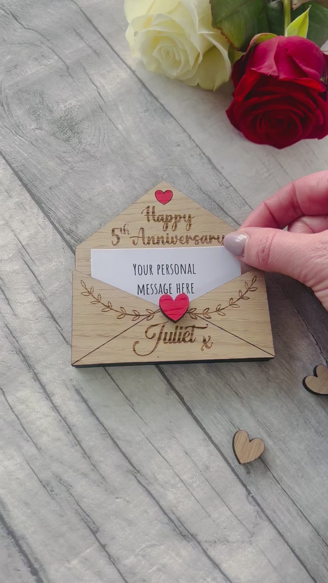 Load and play video in Gallery viewer, Personalised Wooden 5th Anniversary Gift - Engraved Love Letter Keepsake - Romantic Custom Envelope Design with Heart Detail
