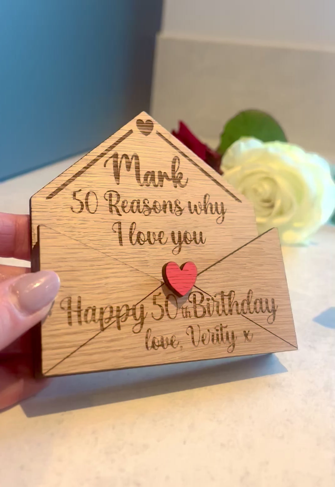 Load and play video in Gallery viewer, Personalised 50th Birthday Gift - Reasons Why I Love You Box - Custom Engraved Wooden Tokens for Him or Her 
