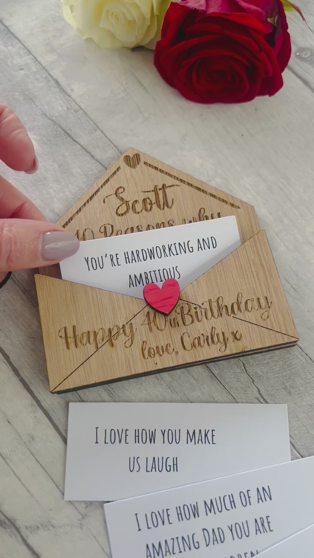 Load and play video in Gallery viewer, Personalised 40th Birthday Gift - Reasons Why I Love You Box - Custom Engraved Wooden Tokens for Him or Her 
