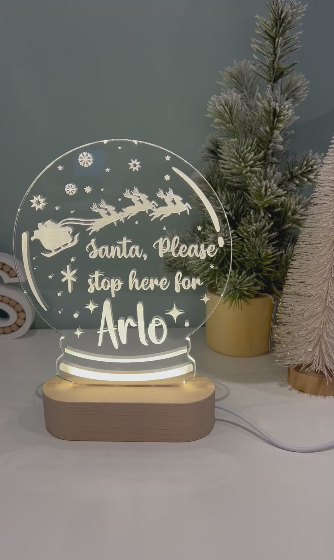 Load and play video in Gallery viewer, Santa Stop Here - Christmas LED Light up Snowglobe - personalised
