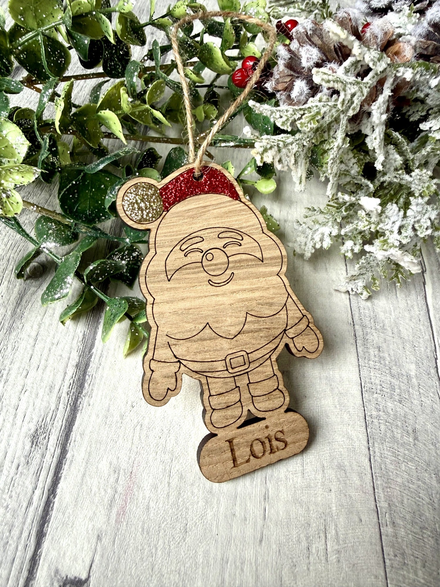 Load image into Gallery viewer, Personalised glittered Santa Christmas decoration in oak veneer (photo 7)
