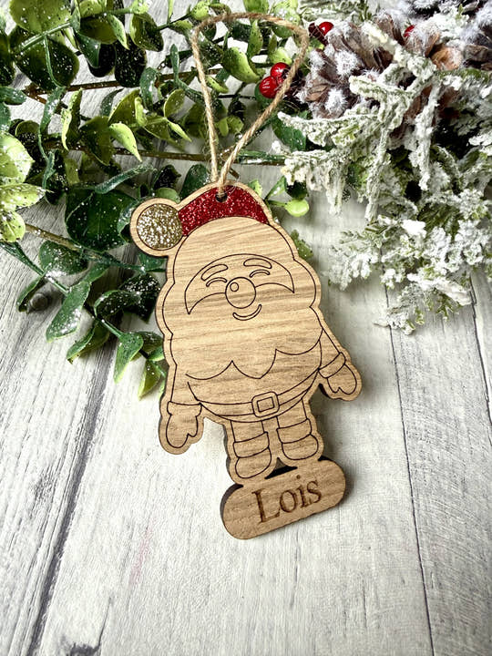 Personalised glittered Santa Christmas decoration in oak veneer (photo 7)