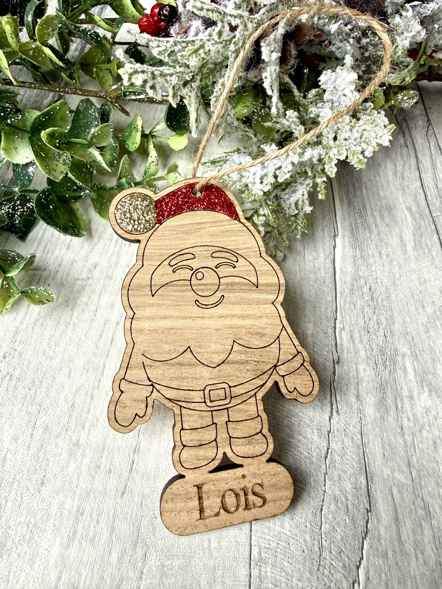 Load image into Gallery viewer, Personalised glittered Santa Christmas decoration in oak veneer (photo 6)
