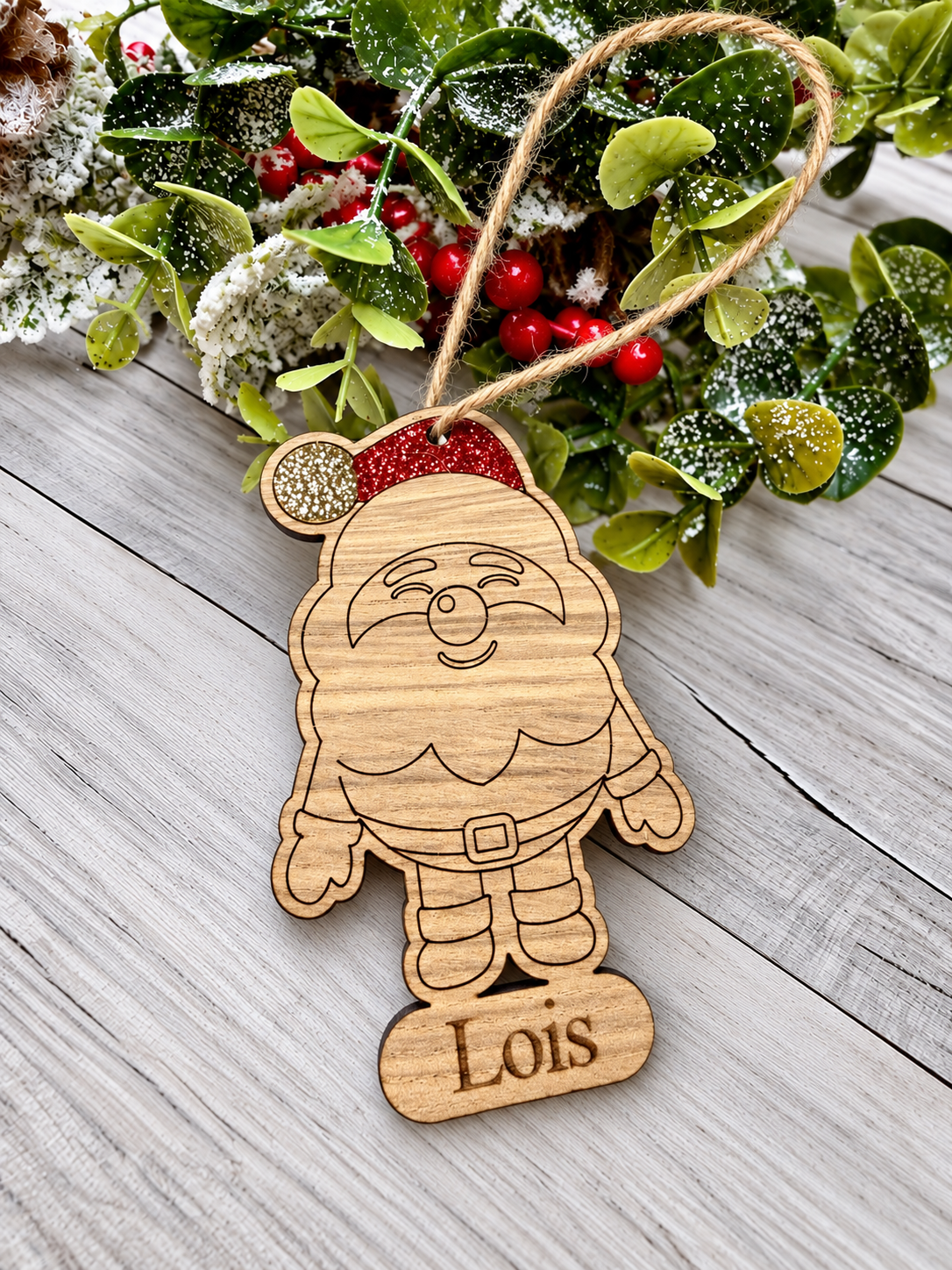 Load image into Gallery viewer, Personalised glittered Santa Christmas decoration in oak veneer
