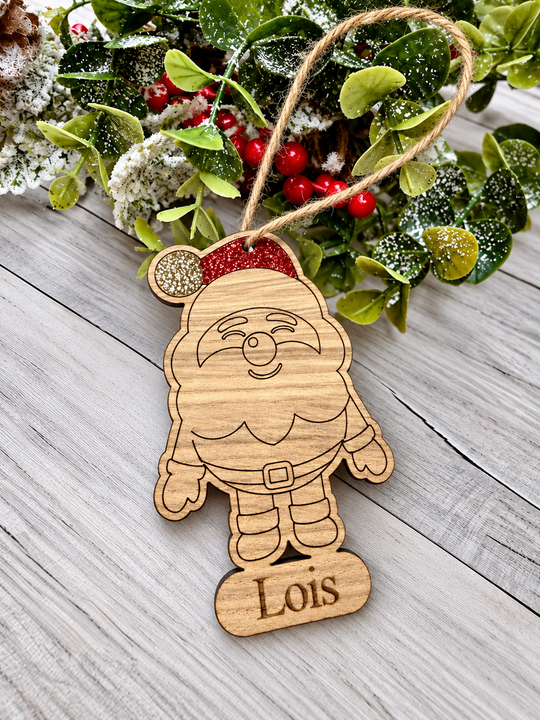 Personalised glittered Santa Christmas decoration in oak veneer