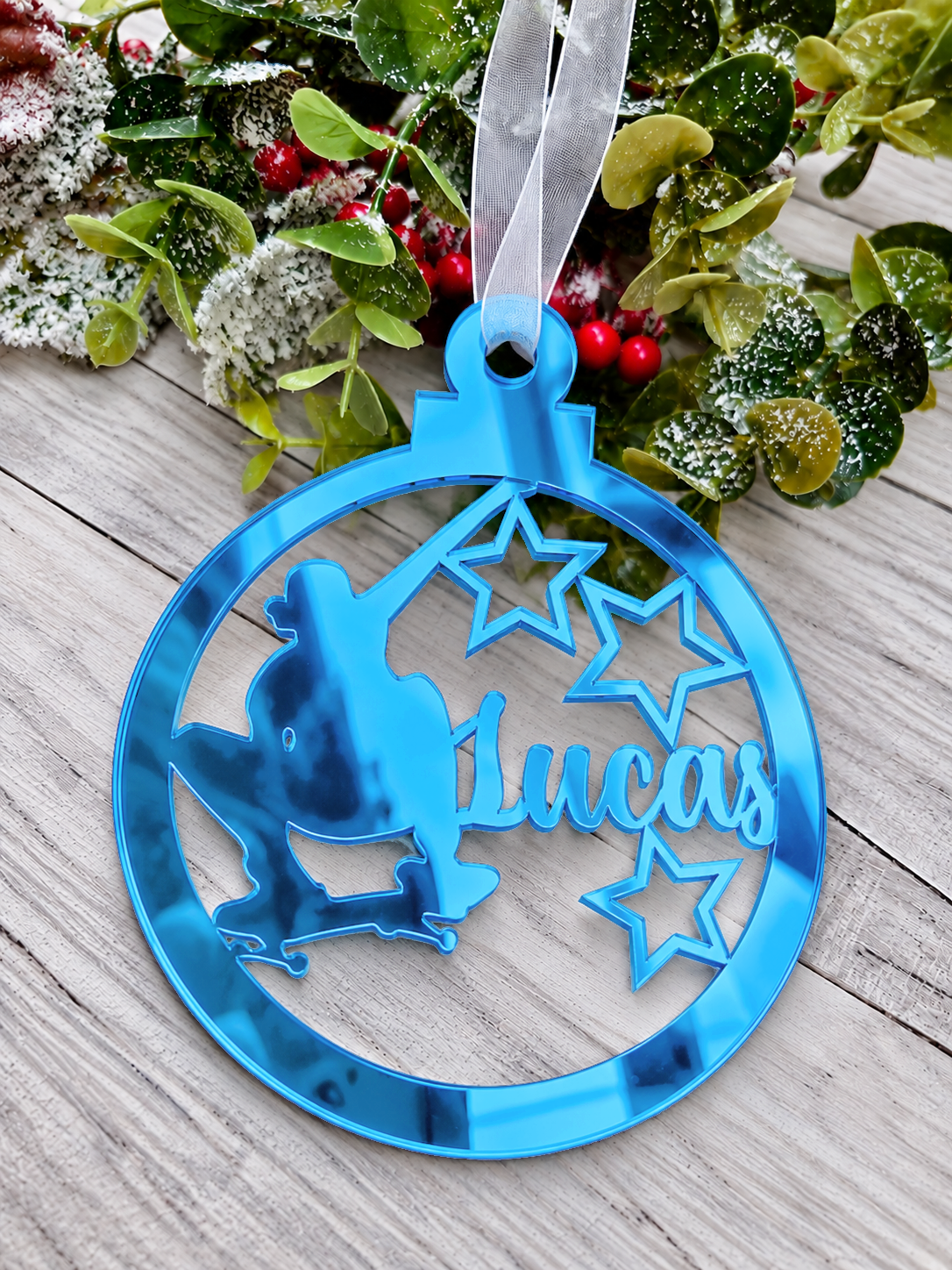 Load image into Gallery viewer, Personalised skateboarder Christmas decoration in blue mirrored acrylic
