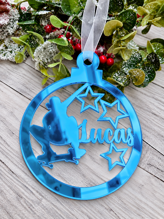Personalised skateboarder Christmas decoration in blue mirrored acrylic