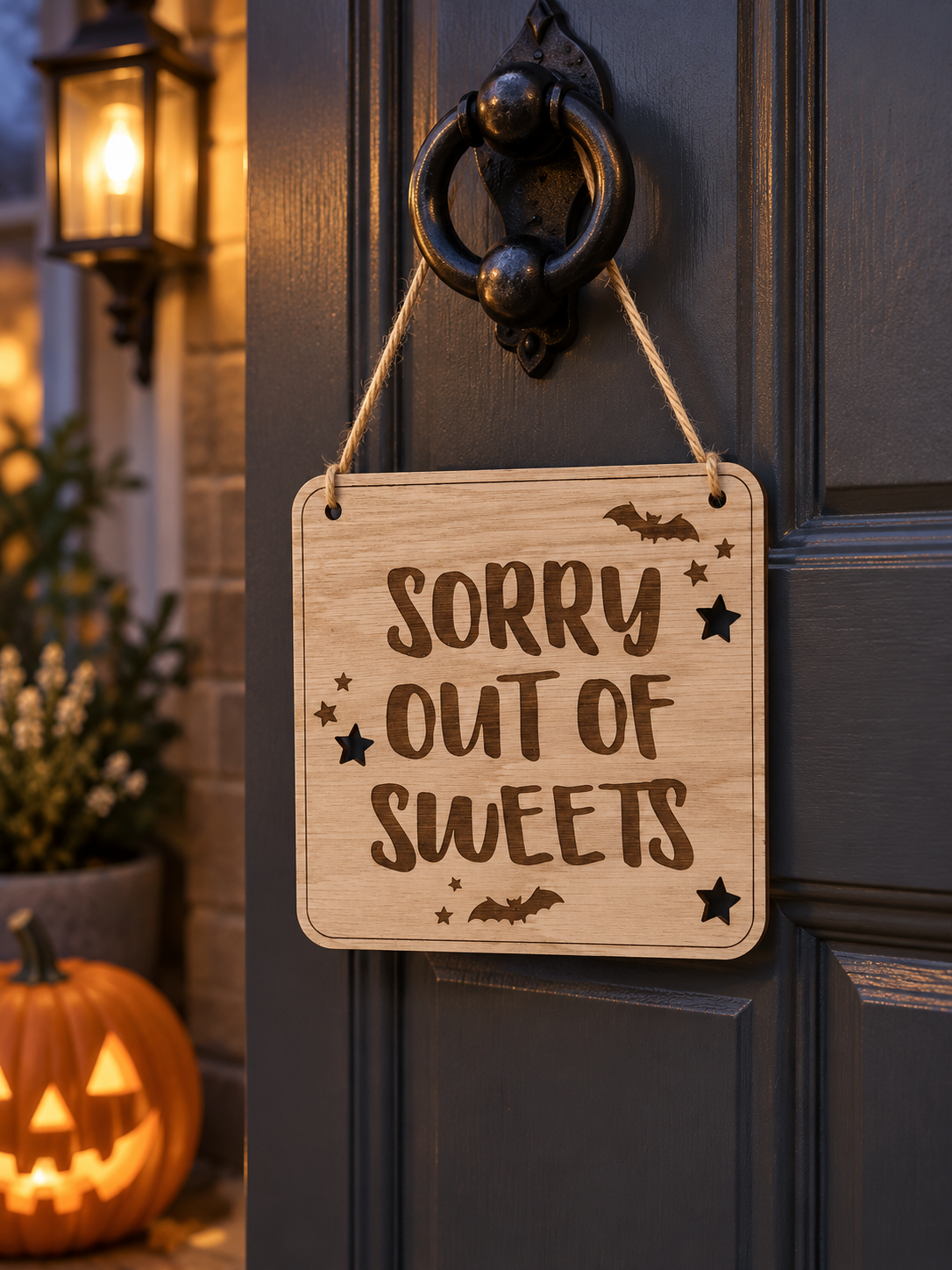 Load image into Gallery viewer, Sorry out of sweets sign hanging from a front door knocker at dusk
