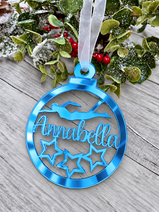 Personalised swimmer Christmas decoration in blue mirrored acrylic